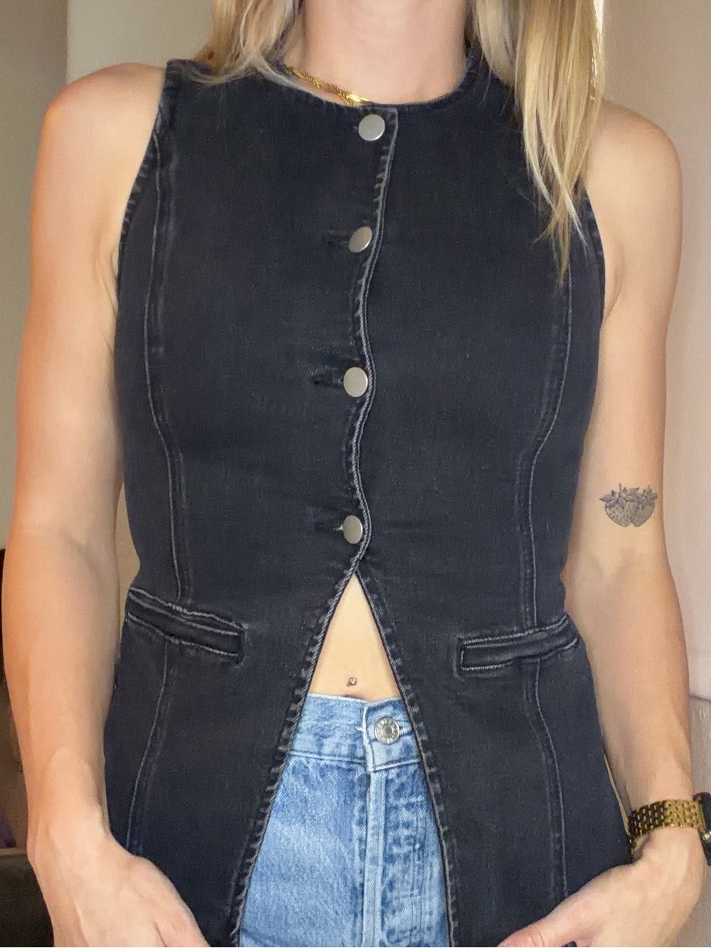 More to Come Black Sleeveless Button-Front Denim Top